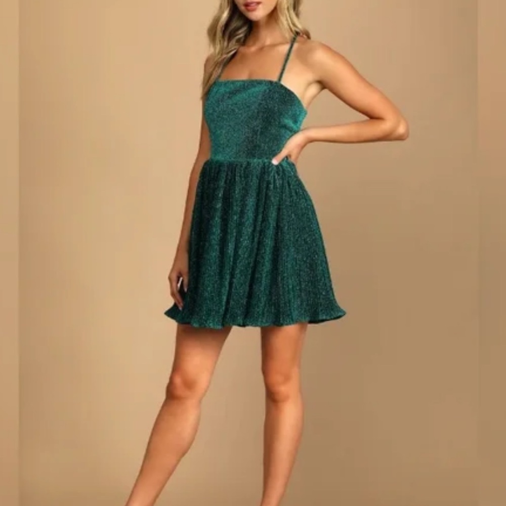 Lulus Era Green Metallic Fit and Flare Lace Up Back Mini Dress Size  Medium